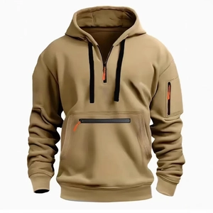 Men's khaki fleece hoodie with orange zipper pulls and tactical utility pockets