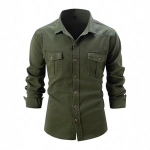 Men's Casual Cotton Cargo Work Shirt Long Sleeve Slim Fit Distressed Button Up Shirt With Double Pockets Solid Top