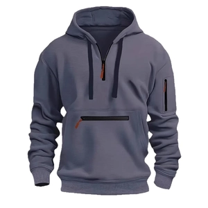 Men's thickened fleece hoodie in dark grey blue with half-zip collar and arm pocket