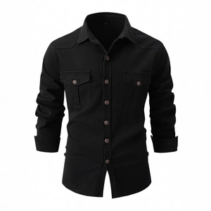 Men's casual black long sleeve cotton shirt with double chest pockets and copper buttons