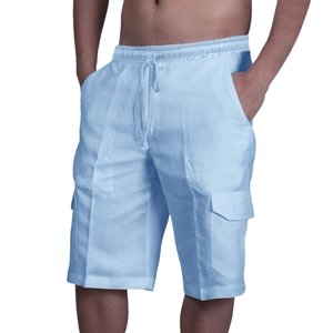 Men's light blue linen cargo shorts with drawstring waist and side flap pockets