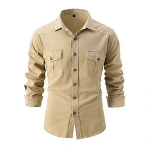 Men's khaki long sleeve cotton work shirt with double breasted pockets and button closures