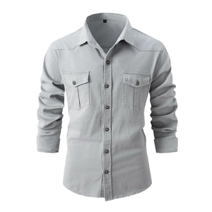 Men's light grey long-sleeve cotton work shirt with double chest pockets and classic collar