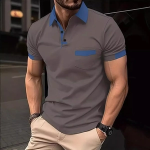 Polo da uomo grigia slim fit con bordi blu a contrasto e dettaglio tasca sul petto
