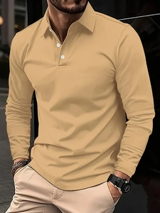 Detail of khaki long sleeve polo shirt showing lapel collar and three button placket