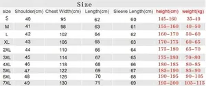 Detailed size chart for windbreaker jacket with measurements from size S up to 7XL