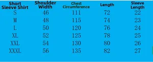 Detailed size chart for men's short sleeve shirt showing S-XXXL dimensions for fit