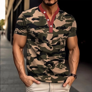 Men's Casual Camouflage Short Sleeve Henley Shirt Contrast Color Collar Waffle Knit Military Tactical Polo Shirt Top