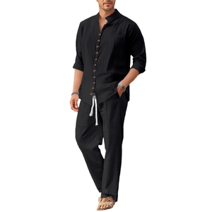 Men's casual black two-piece set featuring long sleeve linen-texture shirt and trousers