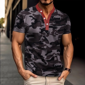 Men's camouflage Henley polo shirt with red contrast collar and button detail on street