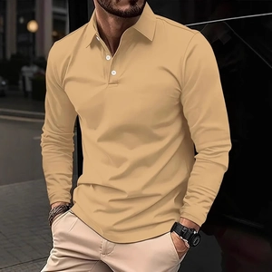 Men's slim fit khaki long sleeve polo shirt with classic collar and three buttons