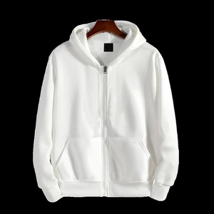 Heavyweight 350g white zip-up hoodie featuring a dual-layer hood and ribbed cuffs