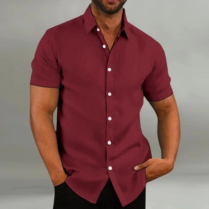 Men's summer short sleeve shirt in burgundy with breathable honeycomb texture and lapel