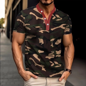 Men's slim fit camo polo shirt with red contrast collar and buttoned Henley neck