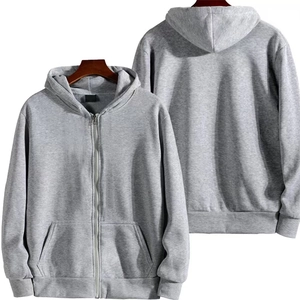 Unisex light gray 350g heavy cotton zip-up hoodie featuring front and back views