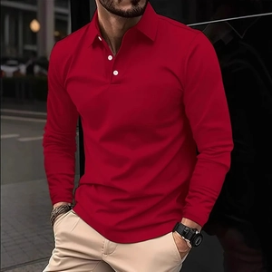 Classic slim-fit men's long sleeve polo shirt in vibrant red with white buttons and lapel
