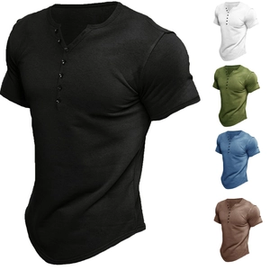 T-Shirt Henley Décontracté à Manches Courtes pour Hommes Coupe Ajustée Couleur Unie en Polyester avec Col à Boutons Hauts d'Été