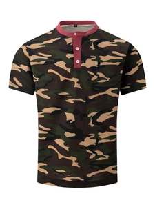 Close-up of the burgundy Henley collar and size M label on a camouflage polo shirt