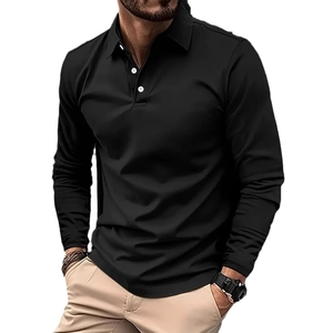 Classic black men's long-sleeve polo shirt with contrast white buttons and turn-down collar