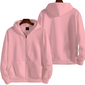 Front and back view of light pink zip-up hoodie featuring ribbed cuffs and large pockets