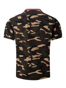 Detail of breathable camouflage polo shirt back with red ribbed collar stitching