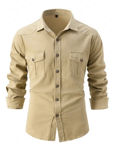 Men's khaki long sleeve cotton work shirt with double button flap pockets and classic collar