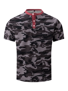 Detail of grey camouflage polo shirt with red contrast collar and textured fabric