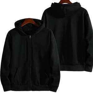 Front and back view of a black zip-up hoodie featuring ribbed cuffs and large pockets