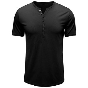 Polo Henley noir à manches courtes pour homme avec col en V boutonné et coupe ajustée