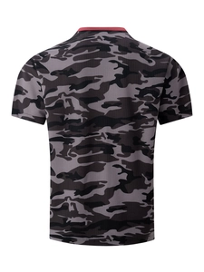 Rear view of dark grey camouflage t-shirt with red contrast collar and mesh fabric detail