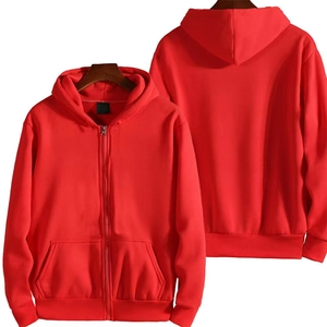 Classic red hooded zip-up sweatshirt with kangaroo pockets shown from front and back view