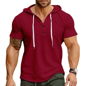 Felpa con cappuccio uomo bordeaux in maglia a nido d'ape a maniche corte con colletto Henley