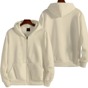 Classic cream white hooded zip-up sweatshirt made of 350g heavy cotton shown front and back
