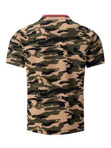Back view of a men's camouflage t-shirt with knit texture and a contrast ribbed crew neck
