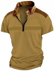 Detail of khaki men's polo shirt featuring a zip collar and honeycomb textured fabric