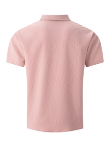Rear view of pink men's short sleeve polo shirt showing waffle texture and collar