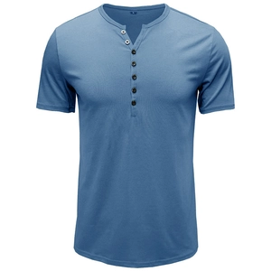 Polo Henley bleu à manches courtes pour homme avec patte de boutonnage multiple