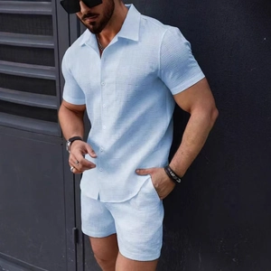 Men Casual Shirt And Shorts Waffle Textured Short Sleeve Button Down Outfits Summer Beach Vacation Clothing