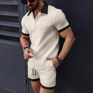 Men's summer casual two-piece beach set with textured knit shirt and drawstring shorts