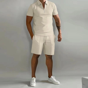 Men's summer casual two-piece polo set with zipper short sleeves and drawstring shorts
