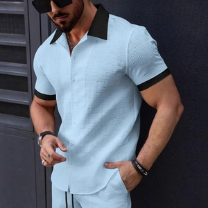 Men's summer light blue short sleeve polo set with textured knit fabric and black collar