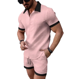 Men's pink waffle knit short sleeve shirt and shorts set with black contrast trim