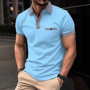 Men's slim fit sky blue short sleeve polo shirt with houndstooth trim and button collar