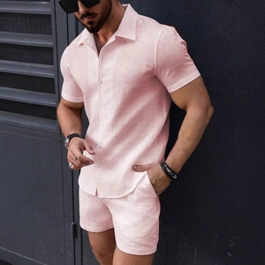 Men's pink casual short sleeve waffle shirt and shorts set with a polo collar