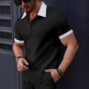Men's casual black short sleeve shirt with white contrast collar and waffle texture