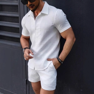 Men's white short sleeve shirt and shorts set with textured waffle knit fabric