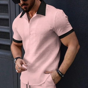 Men's summer short sleeve waffle knit shirt and shorts set in pink with black trim