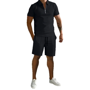 Men's casual black two-piece sports set with zipper polo shirt and drawstring shorts