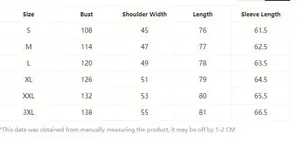 Size chart for men's long sleeve shirt showing bust, shoulder, length and sleeve measurements