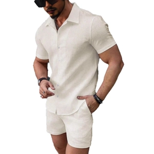 Men's summer casual waffle knit short sleeve shirt and drawstring shorts set in beige